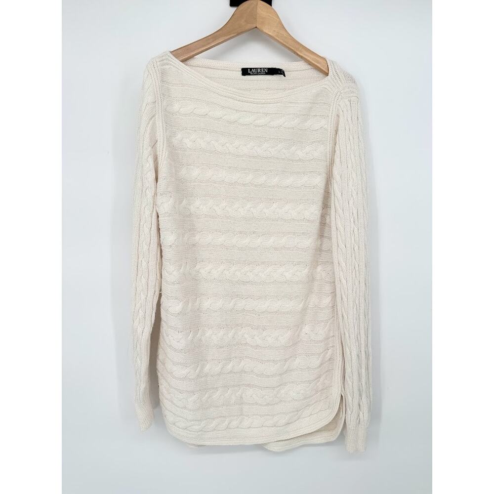 Lauren Ralph Lauren‎ Womens Large Ivory Cable Knit Sweater Minimalist Fisherman